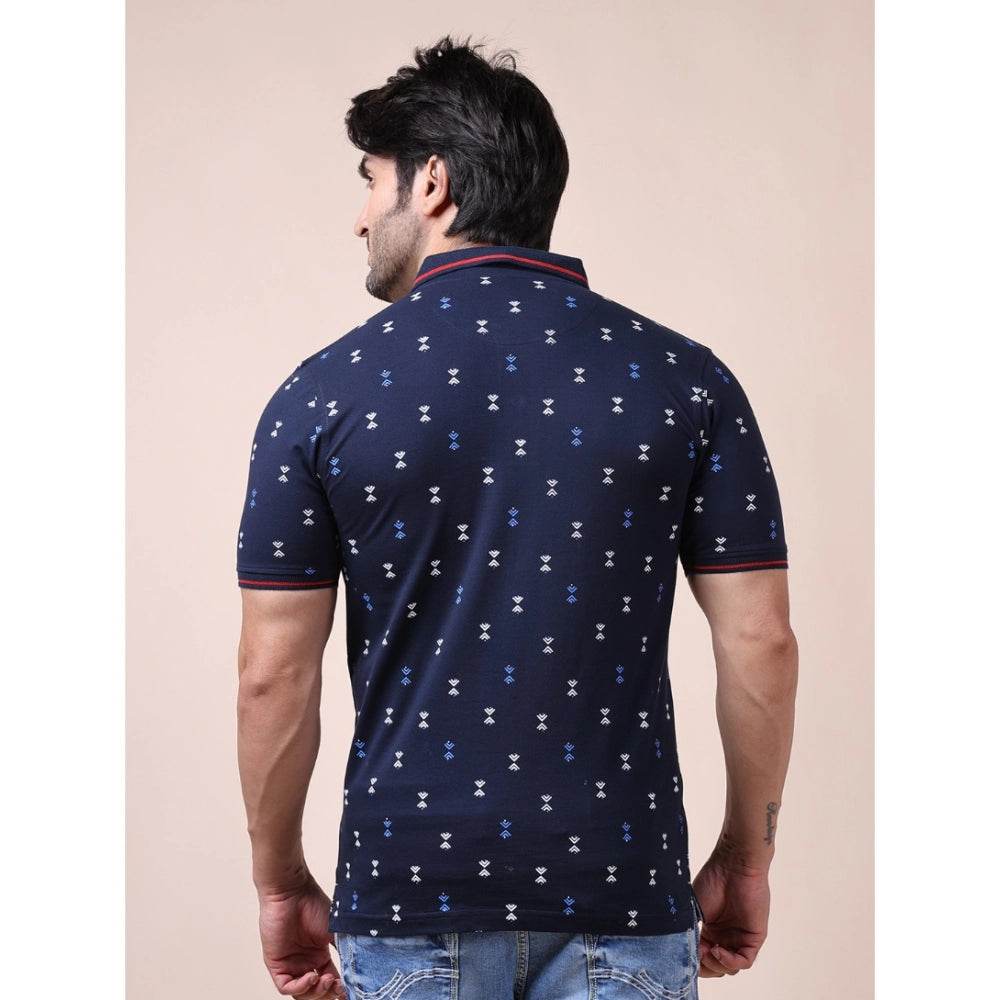 Generic Men's Casual Cotton Printed Polo Neck Half Sleeve T-Shirt (Navy) - MYLUXURY LANE ENTERPRISE