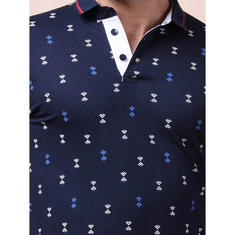 Generic Men's Casual Cotton Printed Polo Neck Half Sleeve T-Shirt (Navy) - MYLUXURY LANE ENTERPRISE