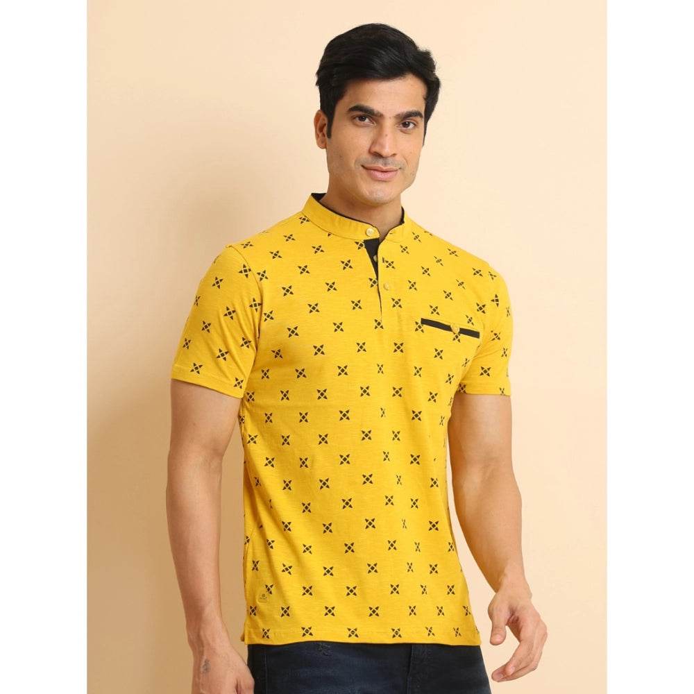 Generic Men's Casual Cotton Printed Mandarin Collar Half Sleeve T-Shirt (Mustard) - MYLUXURY LANE ENTERPRISE