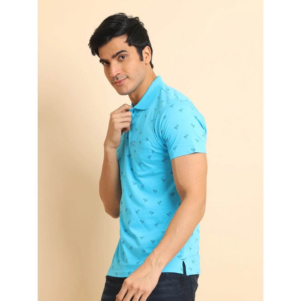 Generic Men's Casual Cotton Printed Polo Neck Half Sleeve T-Shirt (Skyblue) - MYLUXURY LANE ENTERPRISE
