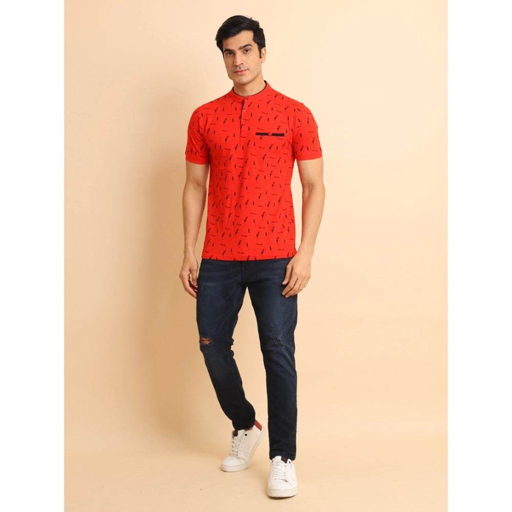 Generic Men's Casual Cotton Printed Mandarin Collar Half Sleeve T-Shirt (Red) - MYLUXURY LANE ENTERPRISE