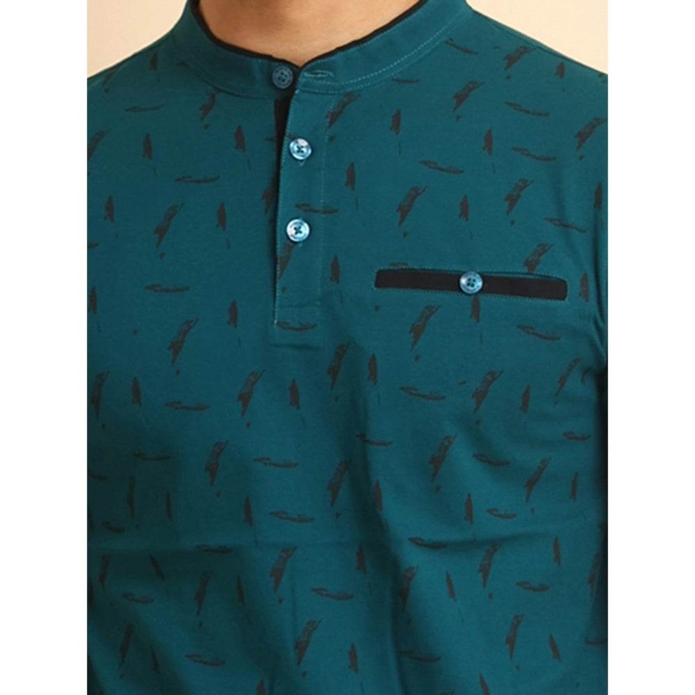 Generic Men's Casual Cotton Printed Mandarin Collar Half Sleeve T-Shirt (Green) - MYLUXURY LANE ENTERPRISE