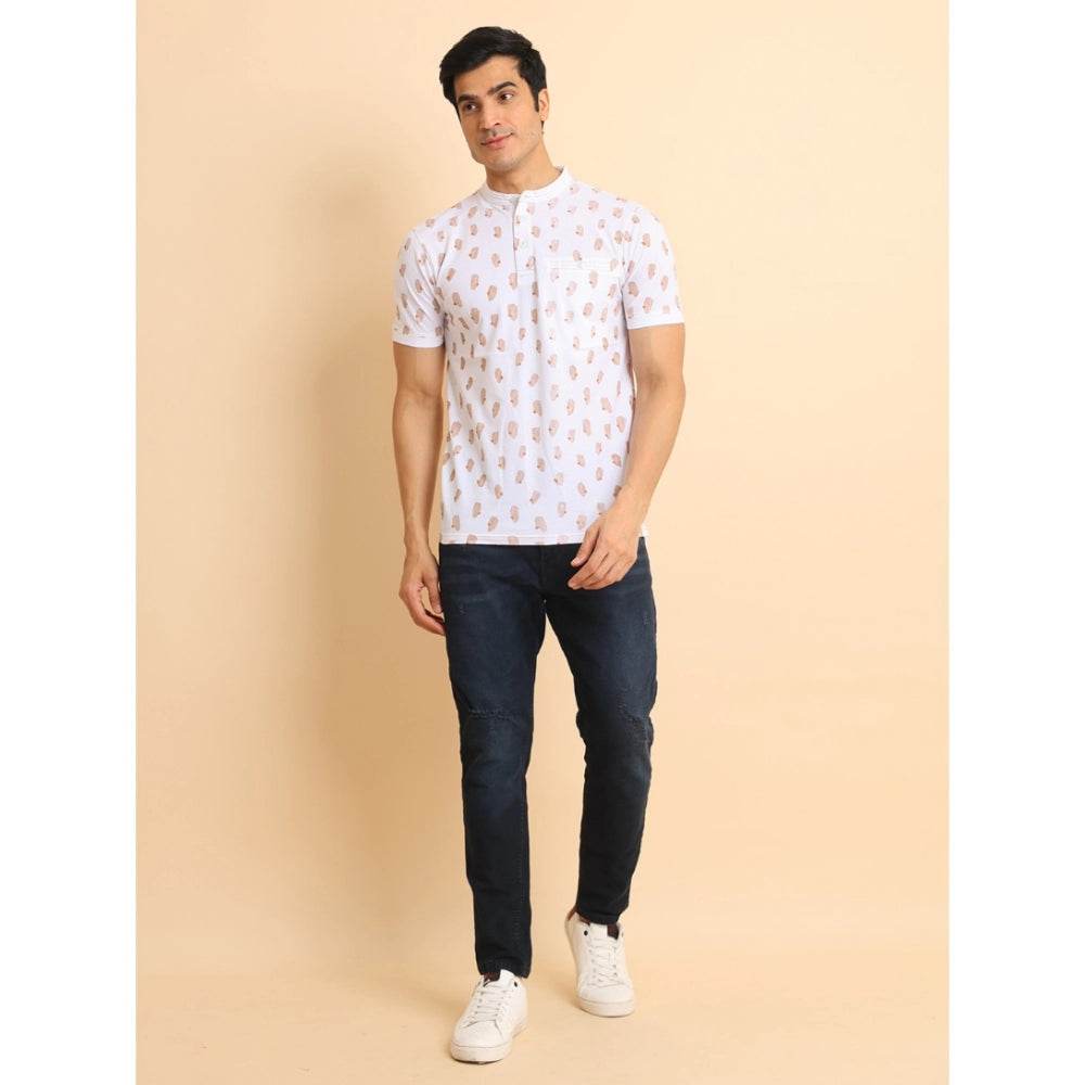 Generic Men's Casual Cotton Printed Mandarin Collar Half Sleeve T-Shirt (White) - MYLUXURY LANE ENTERPRISE