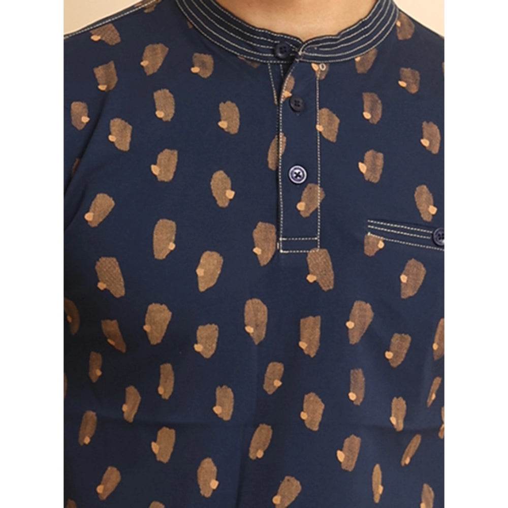 Generic Men's Casual Cotton Printed Mandarin Collar Half Sleeve T-Shirt (Navy) - MYLUXURY LANE ENTERPRISE