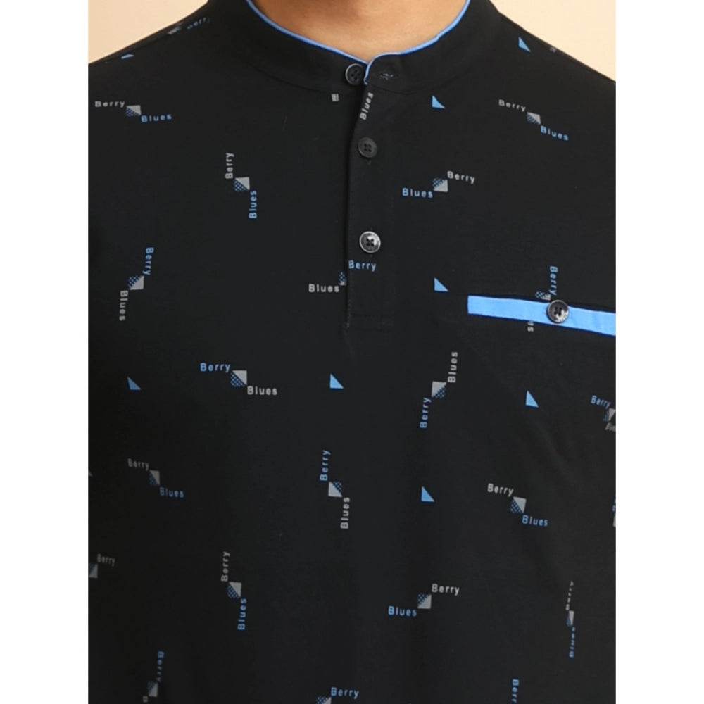 Generic Men's Casual Cotton Printed Mandarin Collar Half Sleeve T-Shirt (Navy) - MYLUXURY LANE ENTERPRISE