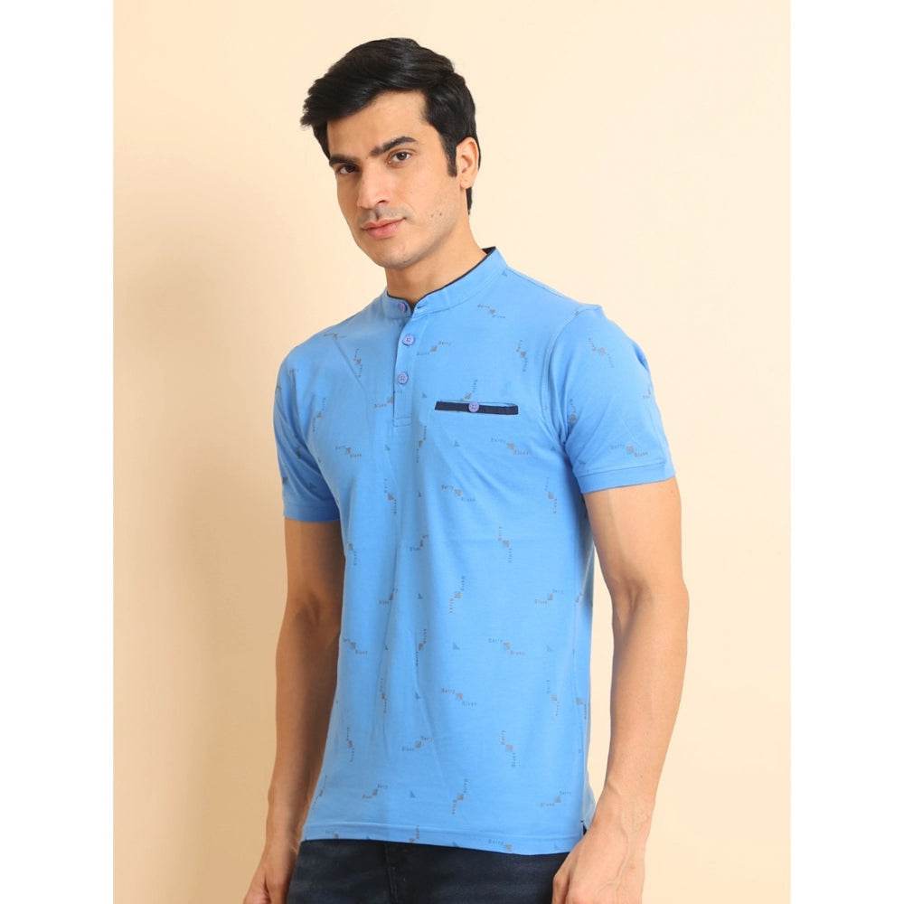 Generic Men's Casual Cotton Printed Mandarin Collar Half Sleeve T-Shirt (LightBlue) - MYLUXURY LANE ENTERPRISE