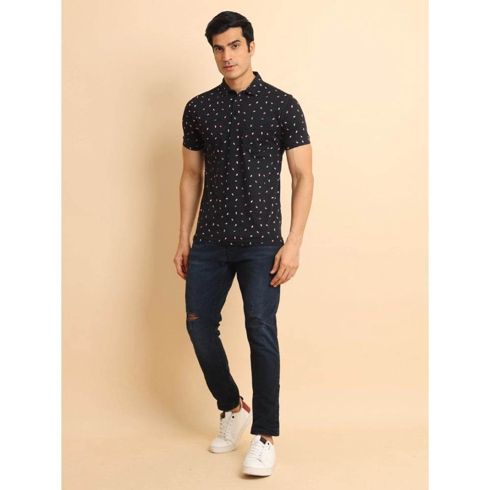 Generic Men's Casual Cotton Printed Polo Neck Half Sleeve T-Shirt (Black) - MYLUXURY LANE ENTERPRISE