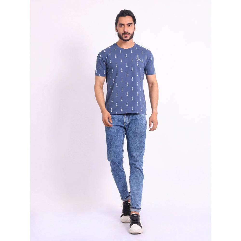 Generic Men's Casual Cotton Printed Round Neck Half Sleeve T-Shirt (Blue) - MYLUXURY LANE ENTERPRISE