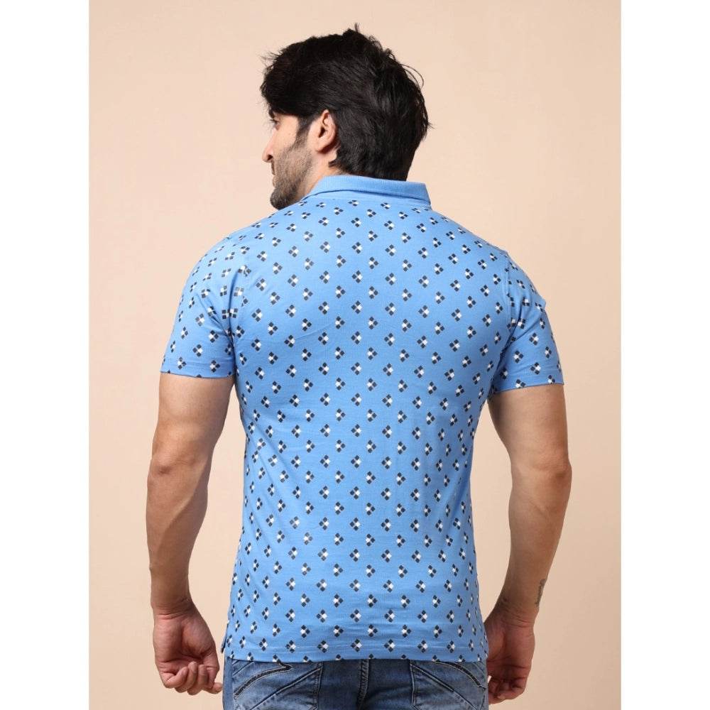 Generic Men's Casual Cotton Printed Polo Neck Half Sleeve T-Shirt (Blue) - MYLUXURY LANE ENTERPRISE