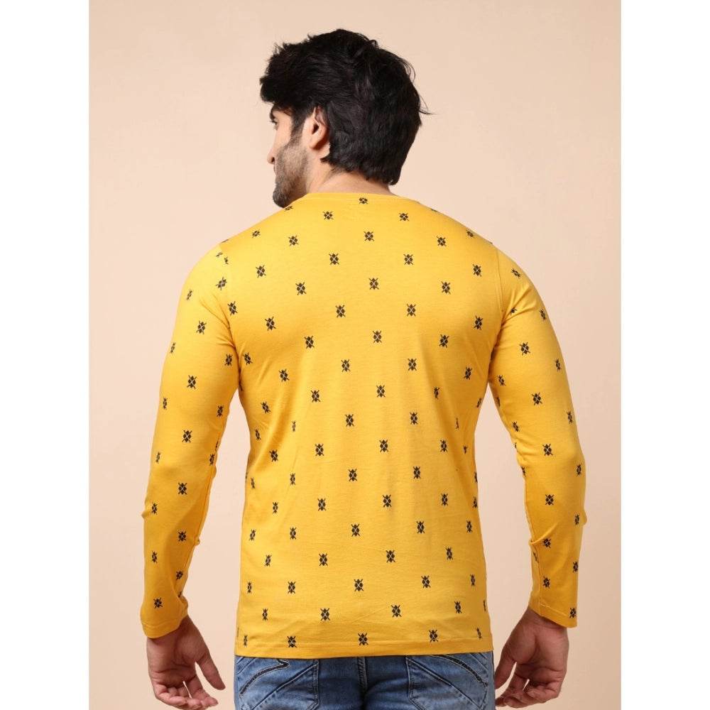 Generic Men's Casual Cotton Printed Round Neck Full Sleeve T-Shirt (Mustard) - MYLUXURY LANE ENTERPRISE