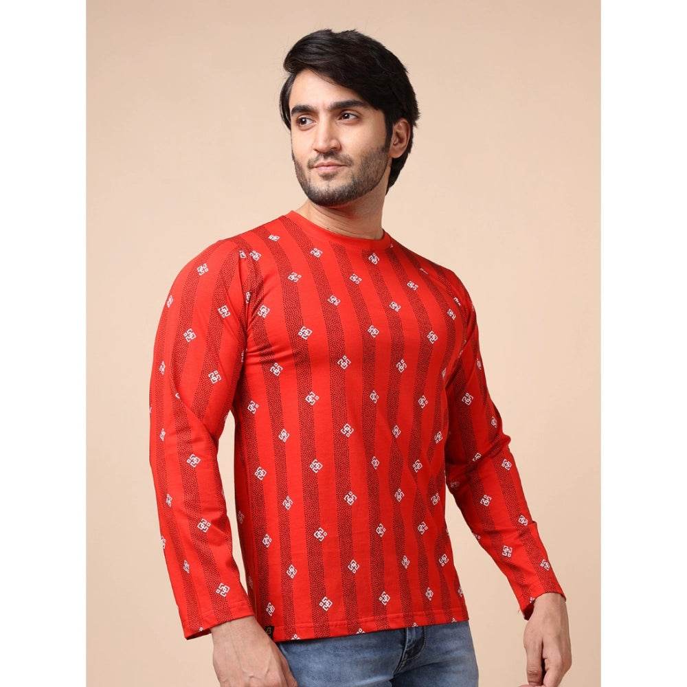 Generic Men's Casual Cotton Printed Round Neck Full Sleeve T-Shirt (Red) - MYLUXURY LANE ENTERPRISE