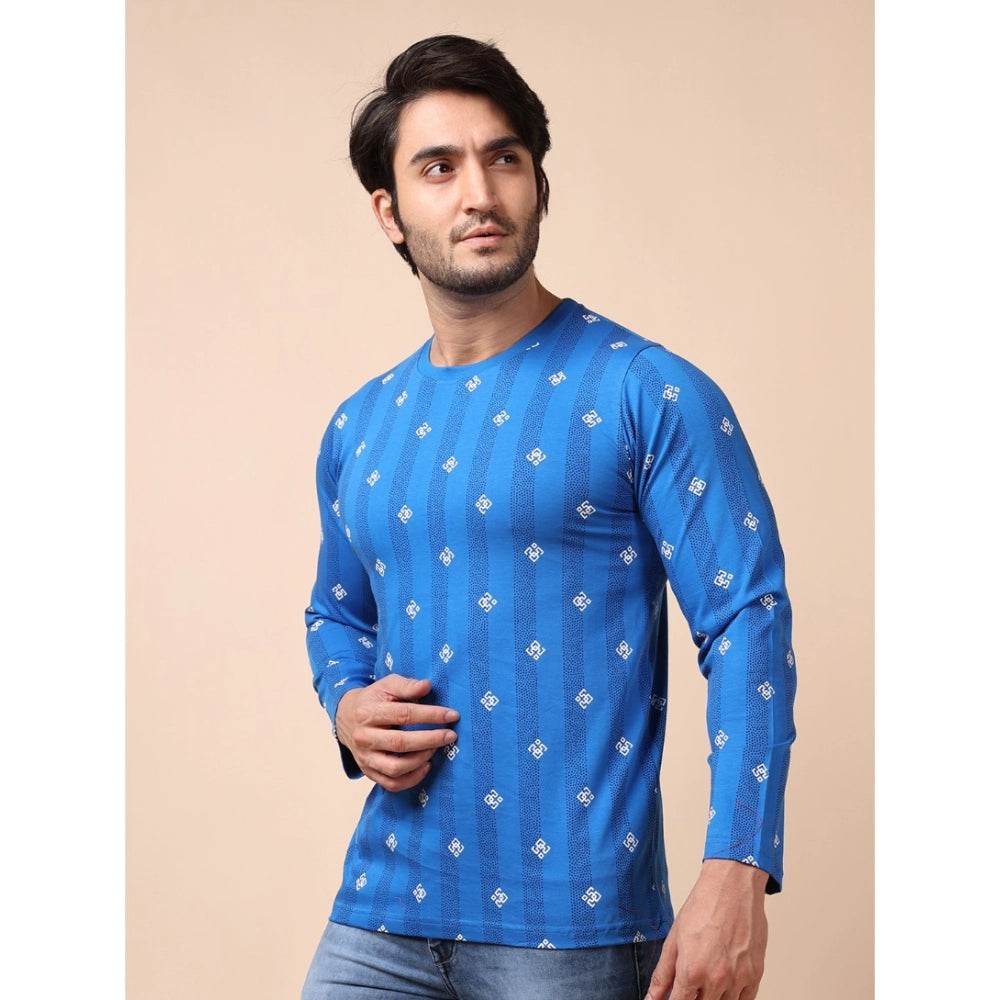 Generic Men's Casual Cotton Printed Round Neck Full Sleeve T-Shirt (Blue) - MYLUXURY LANE ENTERPRISE