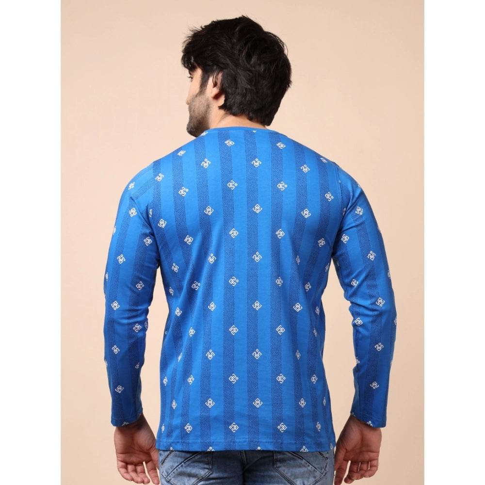 Generic Men's Casual Cotton Printed Round Neck Full Sleeve T-Shirt (Blue) - MYLUXURY LANE ENTERPRISE