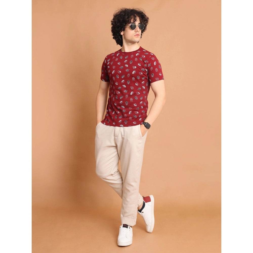 Generic Men's Casual Cotton Printed Round Neck Half Sleeve T-Shirt (Maroon) - MYLUXURY LANE ENTERPRISE