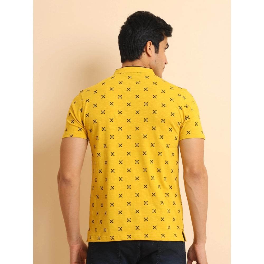 Generic Men's Casual Cotton Printed Mandarin Collar Half Sleeve T-Shirt (Mustard) - MYLUXURY LANE ENTERPRISE