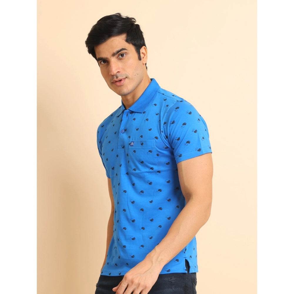 Generic Men's Casual Cotton Printed Polo Neck Half Sleeve T-Shirt (Blue) - MYLUXURY LANE ENTERPRISE
