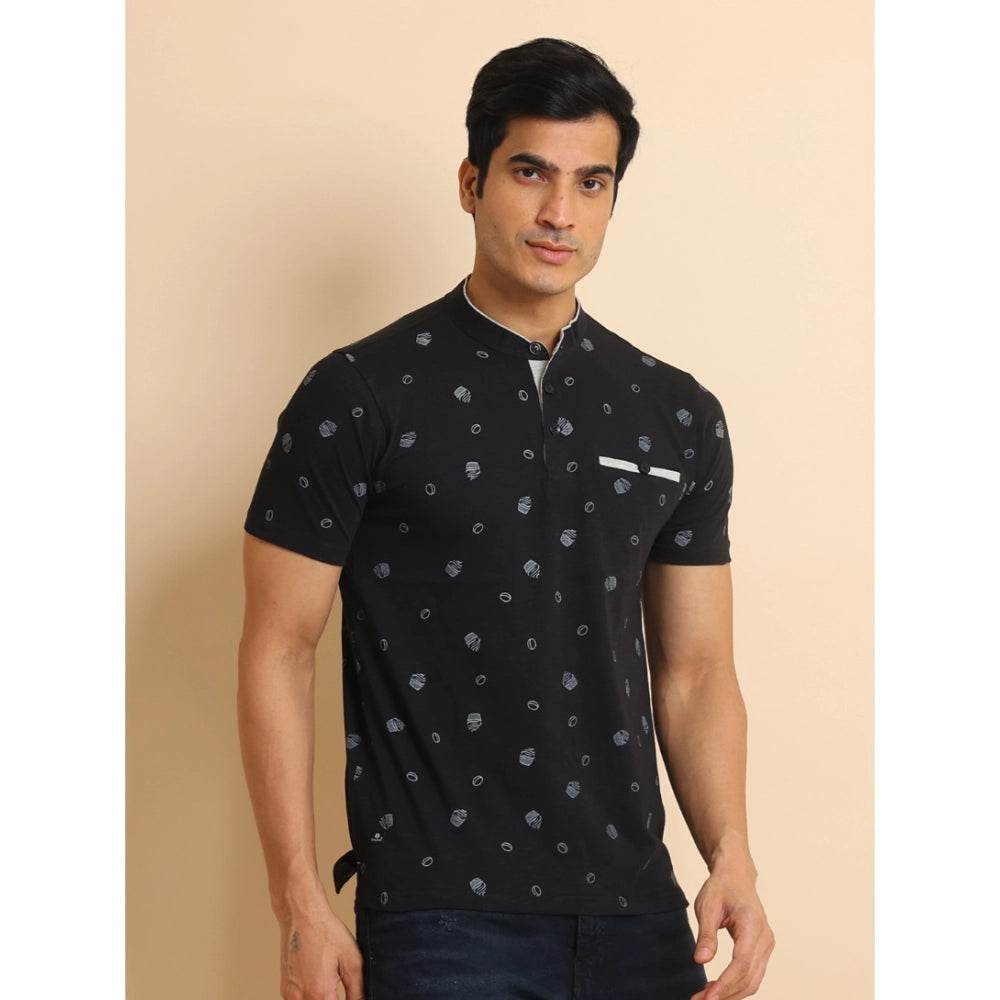 Generic Men's Casual Cotton Printed Mandarin Collar Half Sleeve T-Shirt (Black) - MYLUXURY LANE ENTERPRISE
