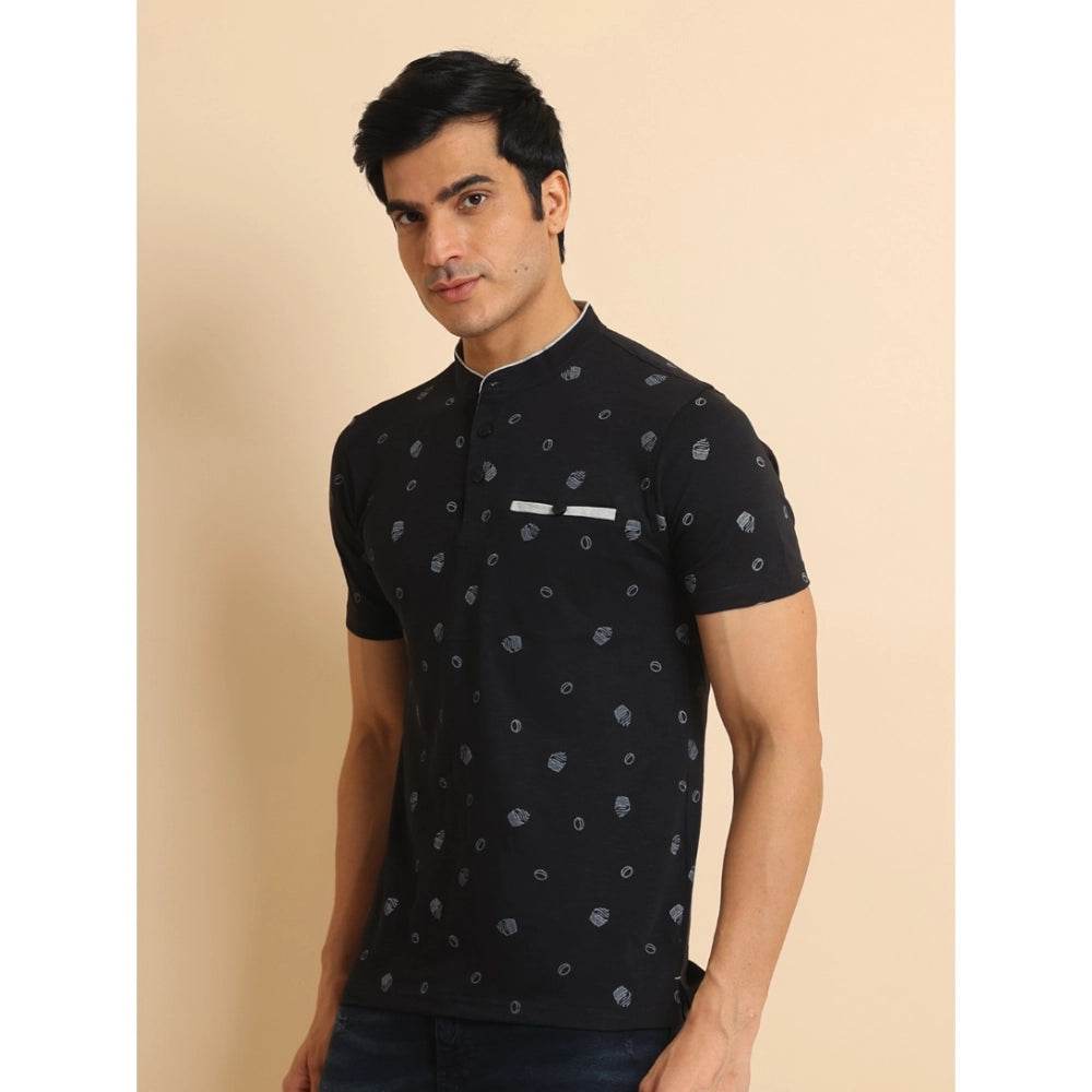 Generic Men's Casual Cotton Printed Mandarin Collar Half Sleeve T-Shirt (Black) - MYLUXURY LANE ENTERPRISE