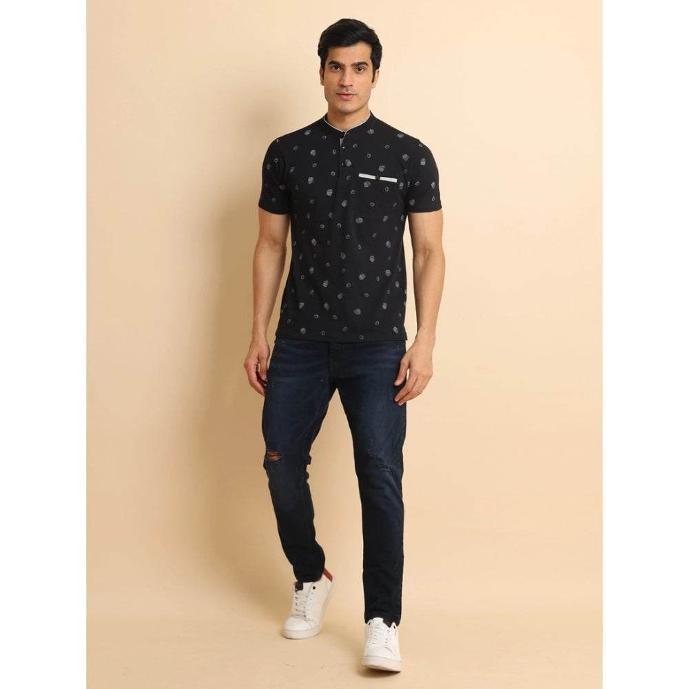 Generic Men's Casual Cotton Printed Mandarin Collar Half Sleeve T-Shirt (Black) - MYLUXURY LANE ENTERPRISE