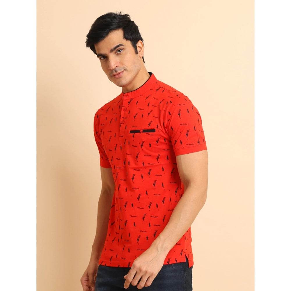Generic Men's Casual Cotton Printed Mandarin Collar Half Sleeve T-Shirt (Red) - MYLUXURY LANE ENTERPRISE