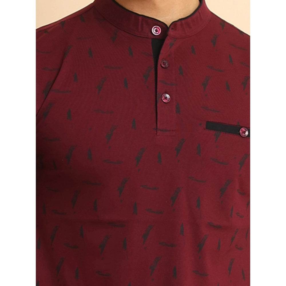 Generic Men's Casual Cotton Printed Mandarin Collar Half Sleeve T-Shirt (Plum) - MYLUXURY LANE ENTERPRISE