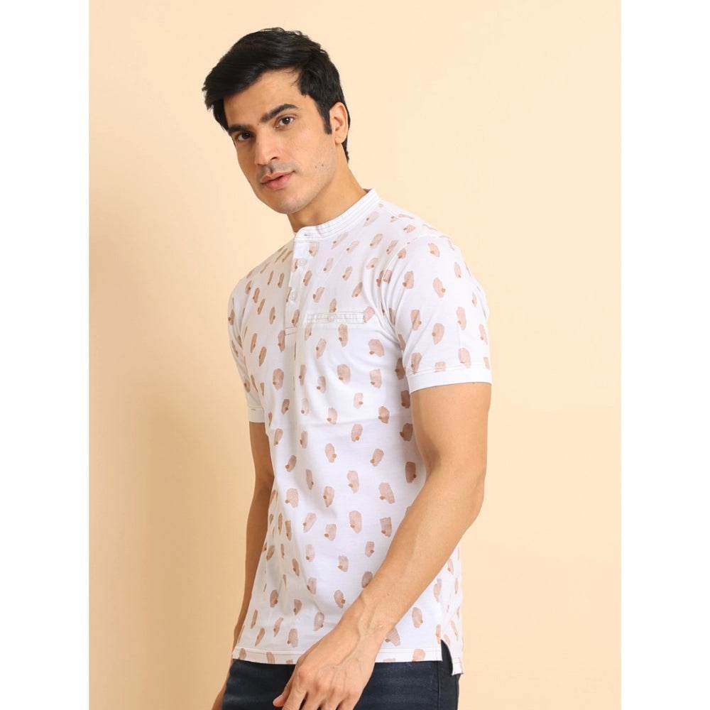 Generic Men's Casual Cotton Printed Mandarin Collar Half Sleeve T-Shirt (White) - MYLUXURY LANE ENTERPRISE