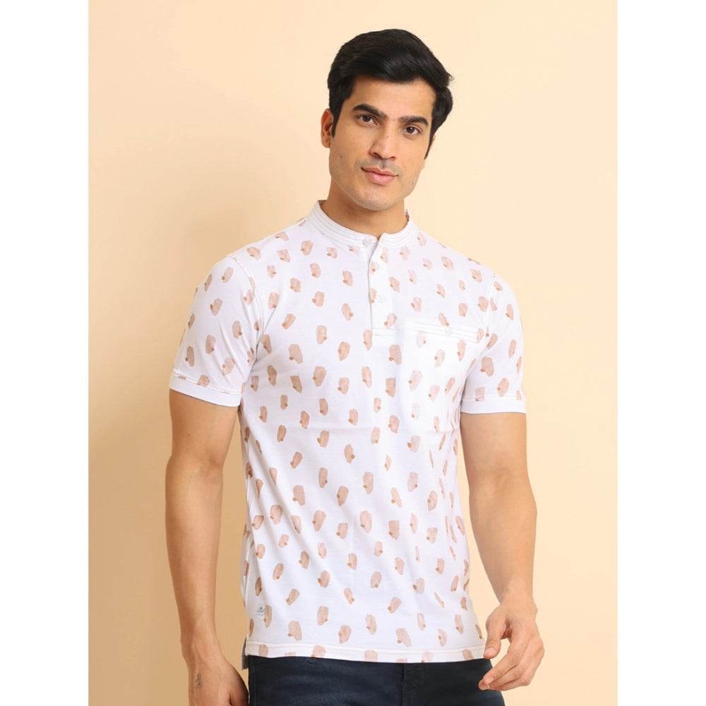 Generic Men's Casual Cotton Printed Mandarin Collar Half Sleeve T-Shirt (White) - MYLUXURY LANE ENTERPRISE