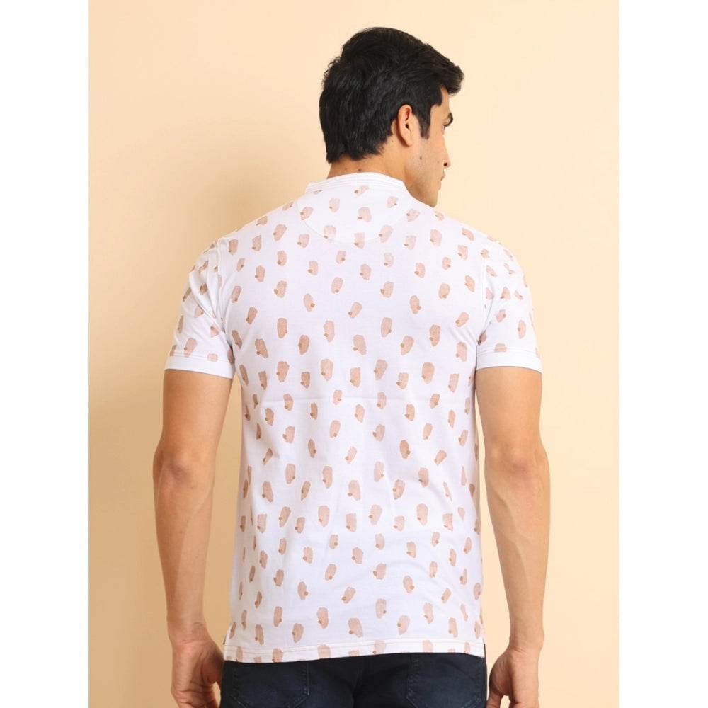 Generic Men's Casual Cotton Printed Mandarin Collar Half Sleeve T-Shirt (White) - MYLUXURY LANE ENTERPRISE