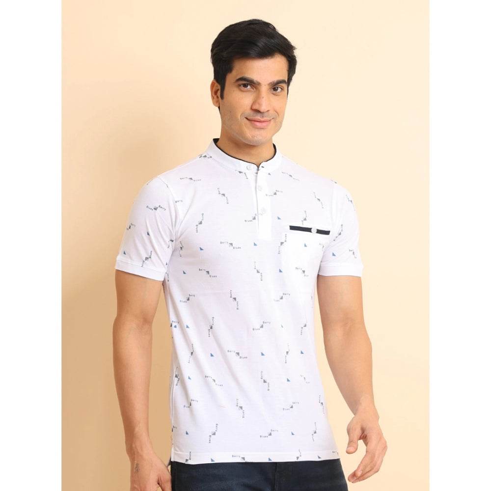 Generic Men's Casual Cotton Printed Mandarin Collar Half Sleeve T-Shirt (White) - MYLUXURY LANE ENTERPRISE