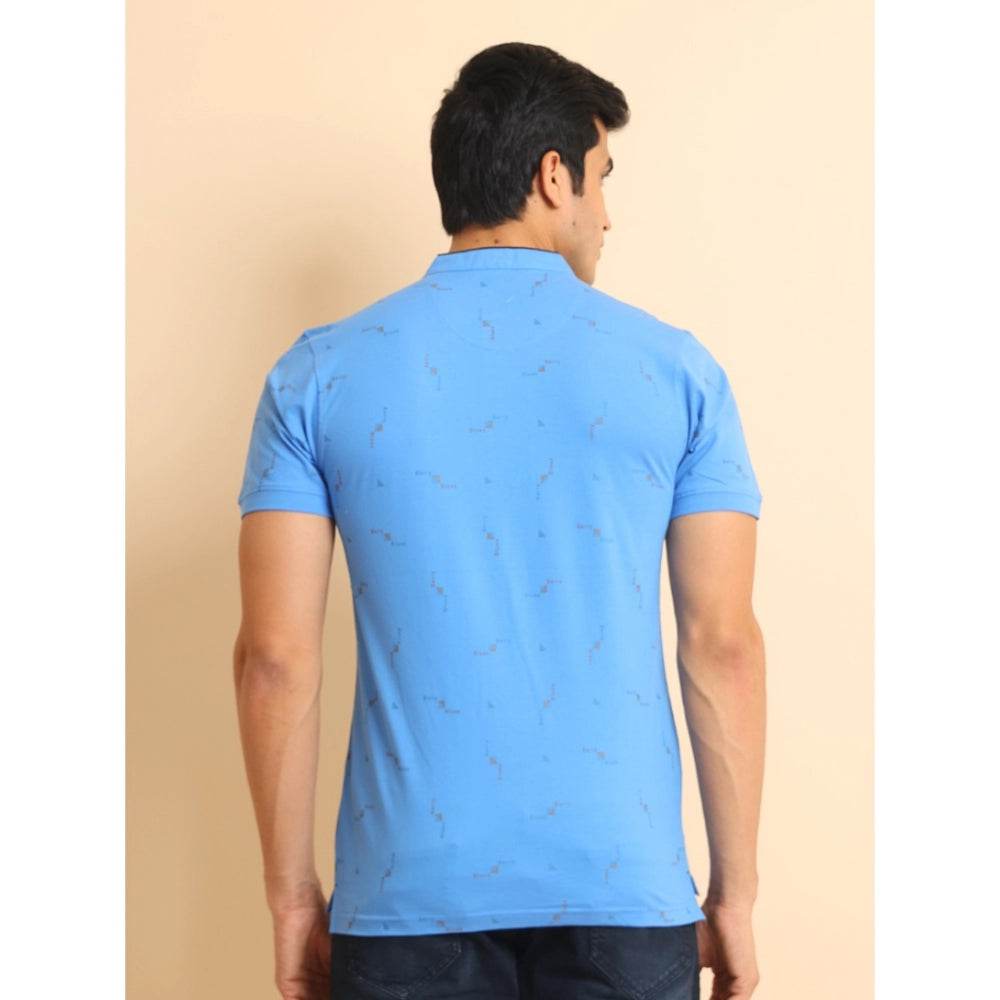 Generic Men's Casual Cotton Printed Mandarin Collar Half Sleeve T-Shirt (LightBlue) - MYLUXURY LANE ENTERPRISE