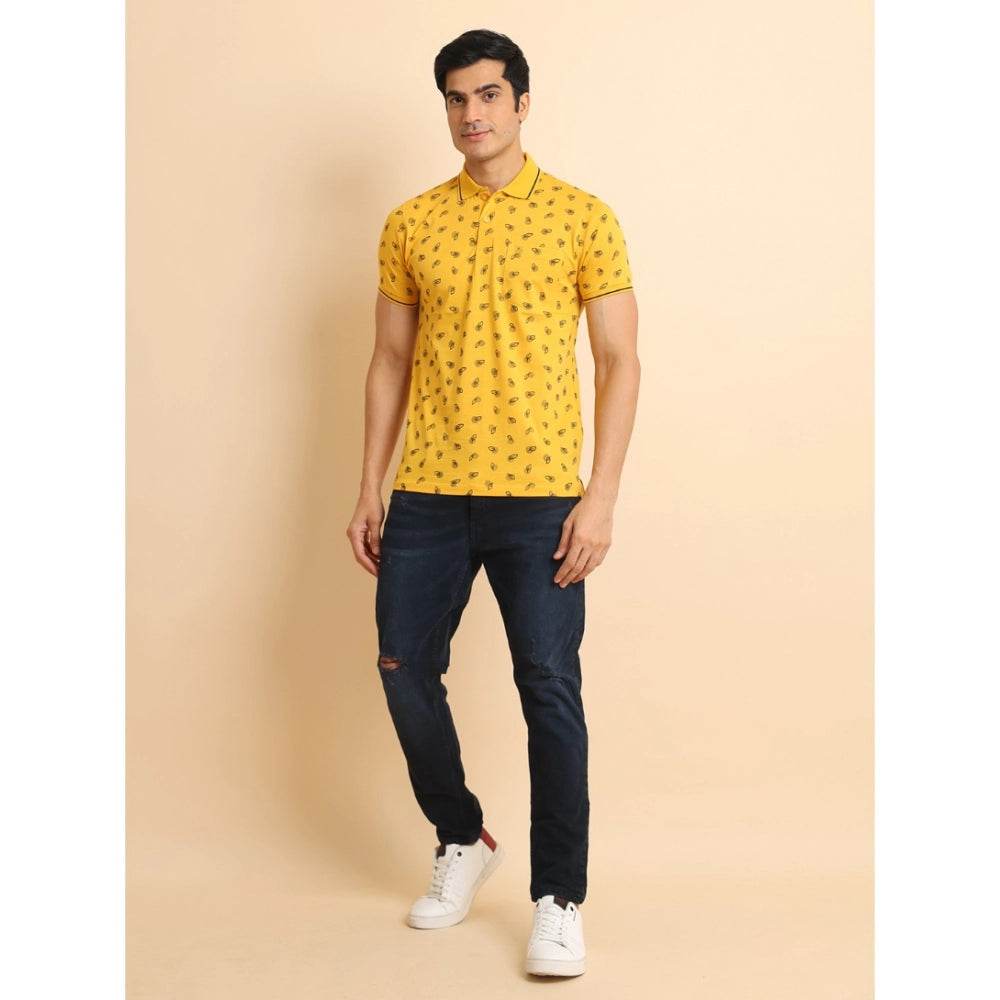 Generic Men's Casual Cotton Printed Polo Neck Half Sleeve T-Shirt (Mustard) - MYLUXURY LANE ENTERPRISE
