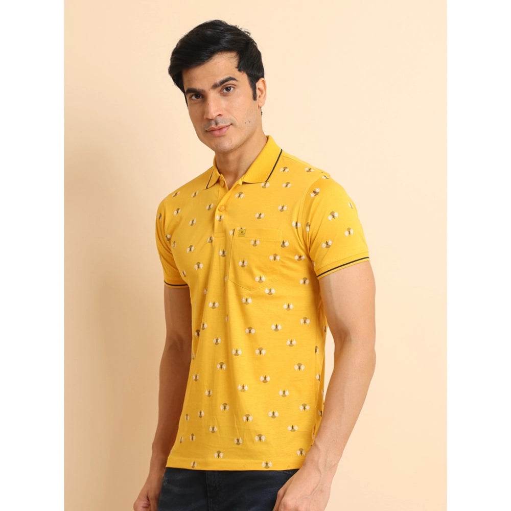 Generic Men's Casual Cotton Printed Polo Neck Half Sleeve T-Shirt (Mustard) - MYLUXURY LANE ENTERPRISE