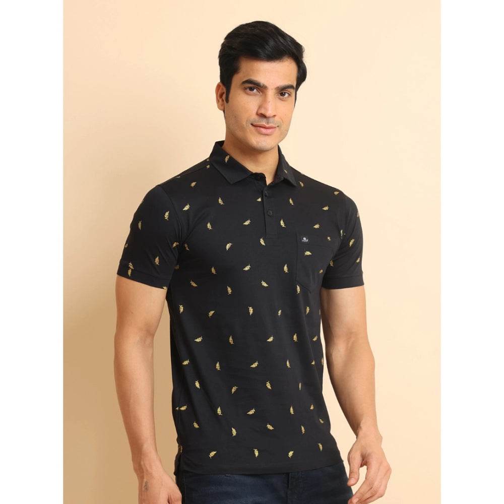 Generic Men's Casual Cotton Printed Polo Neck Half Sleeve T-Shirt (Black) - MYLUXURY LANE ENTERPRISE