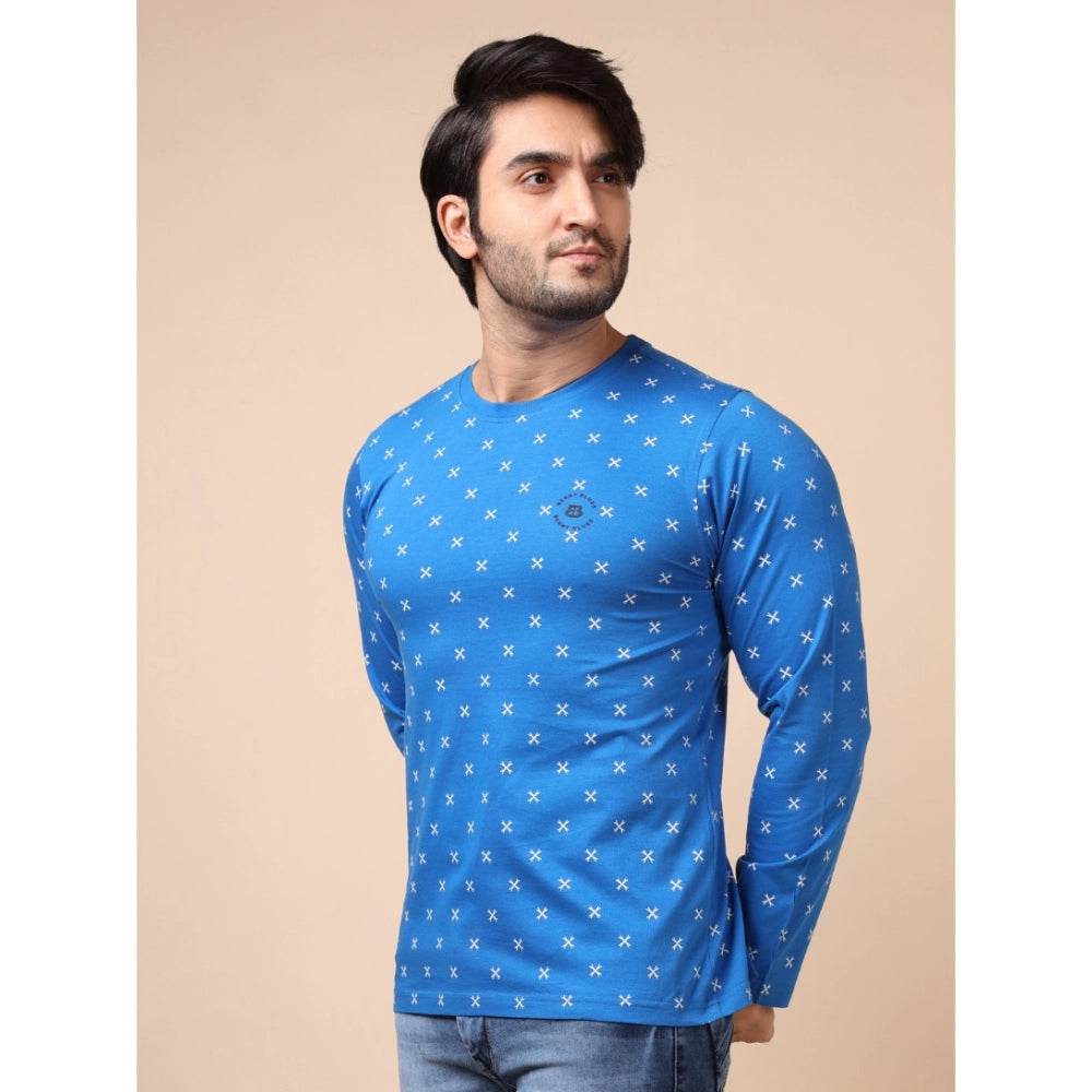 Generic Men's Casual Cotton Printed Round Neck Full Sleeve T-Shirt (Blue) - MYLUXURY LANE ENTERPRISE