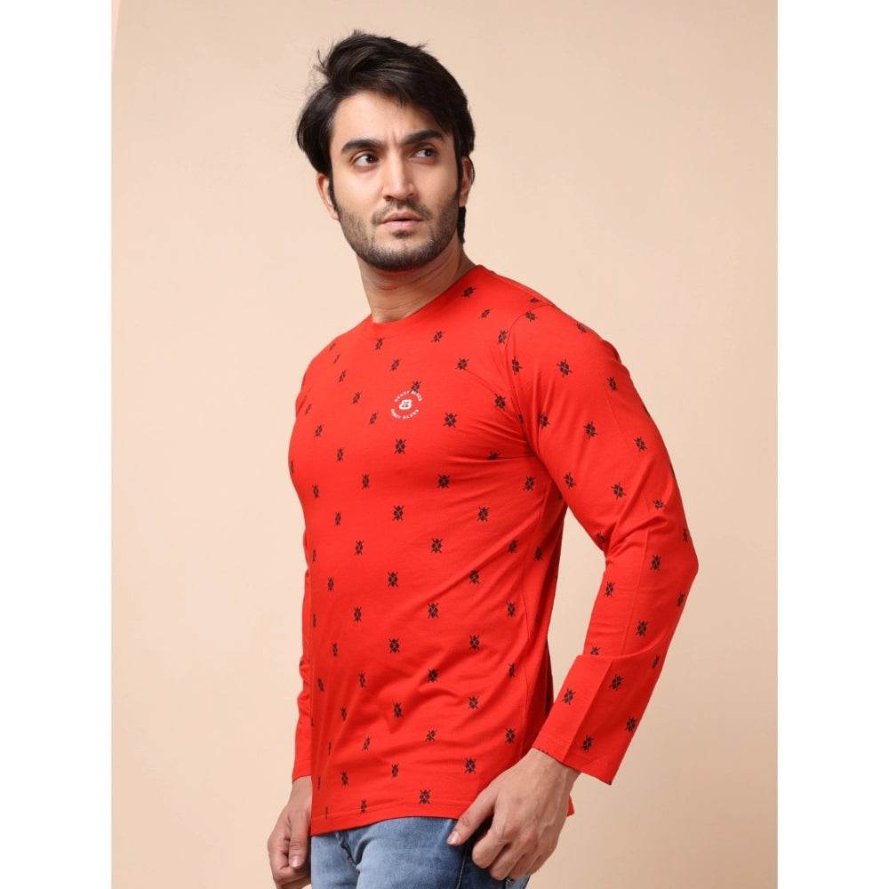 Generic Men's Casual Cotton Printed Round Neck Full Sleeve T-Shirt (Red) - MYLUXURY LANE ENTERPRISE