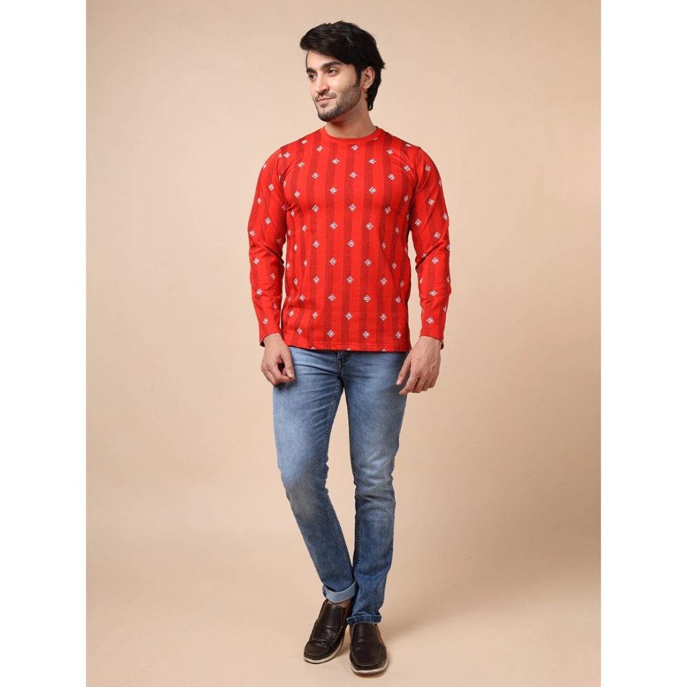 Generic Men's Casual Cotton Printed Round Neck Full Sleeve T-Shirt (Red) - MYLUXURY LANE ENTERPRISE