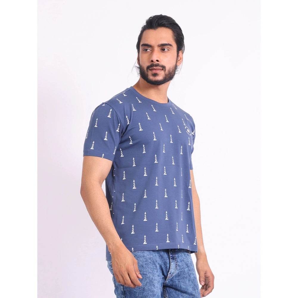 Generic Men's Casual Cotton Printed Round Neck Half Sleeve T-Shirt (Blue) - MYLUXURY LANE ENTERPRISE
