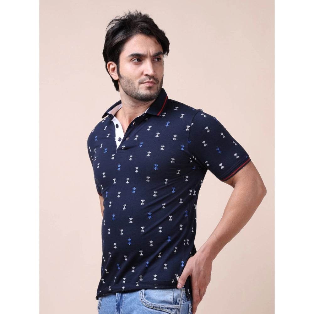 Generic Men's Casual Cotton Printed Polo Neck Half Sleeve T-Shirt (Navy) - MYLUXURY LANE ENTERPRISE