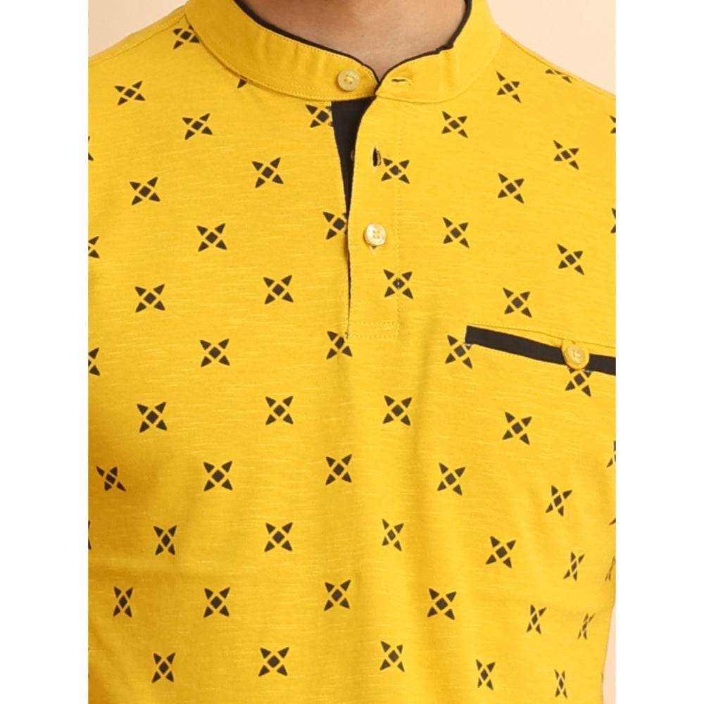 Generic Men's Casual Cotton Printed Mandarin Collar Half Sleeve T-Shirt (Mustard) - MYLUXURY LANE ENTERPRISE