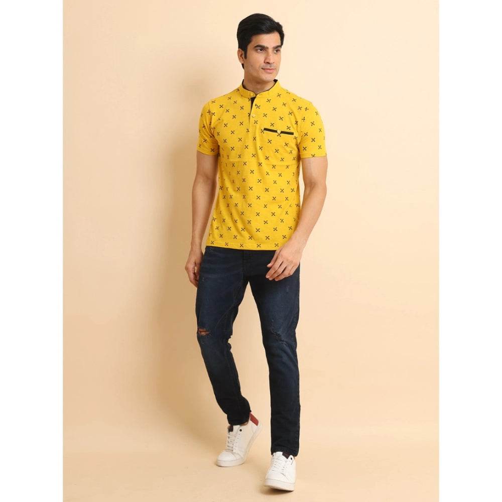 Generic Men's Casual Cotton Printed Mandarin Collar Half Sleeve T-Shirt (Mustard) - MYLUXURY LANE ENTERPRISE