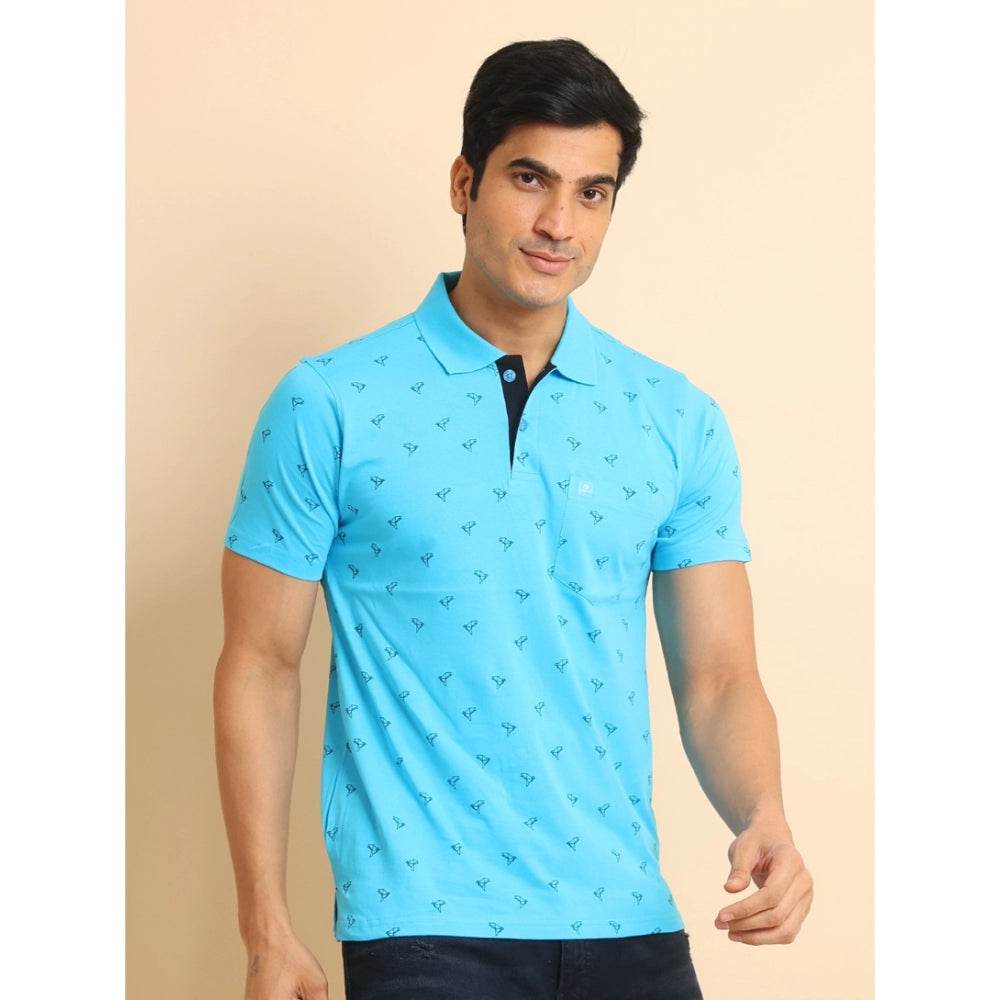 Generic Men's Casual Cotton Printed Polo Neck Half Sleeve T-Shirt (Skyblue) - MYLUXURY LANE ENTERPRISE