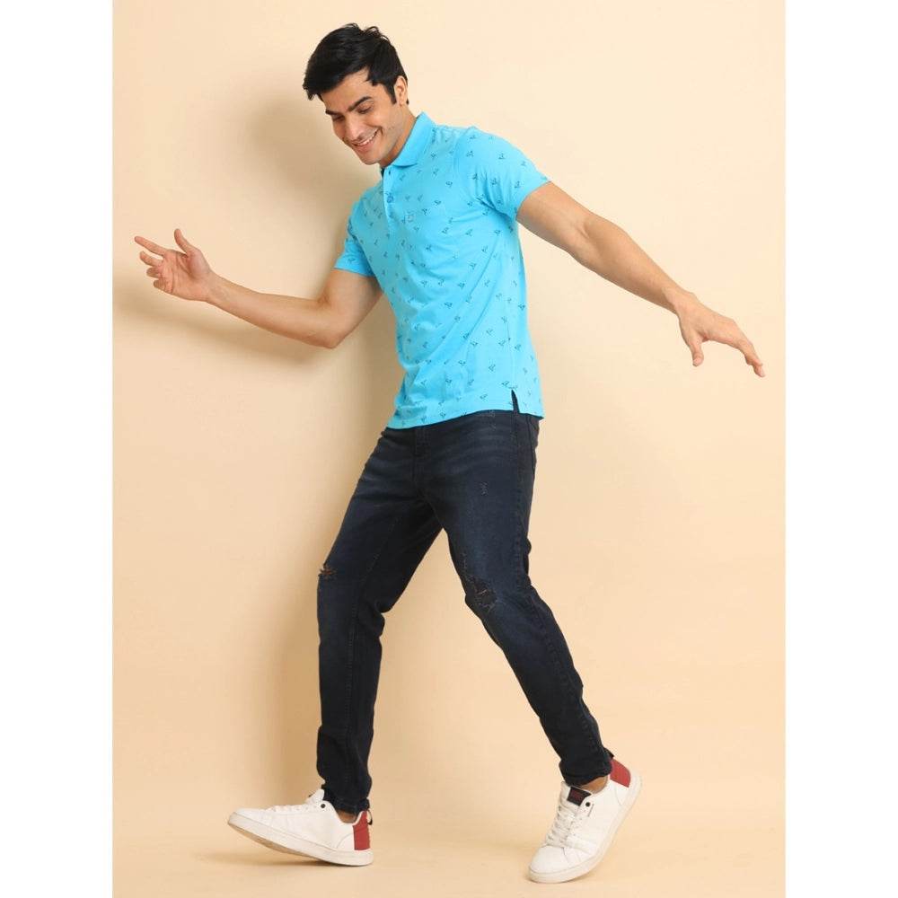 Generic Men's Casual Cotton Printed Polo Neck Half Sleeve T-Shirt (Skyblue) - MYLUXURY LANE ENTERPRISE