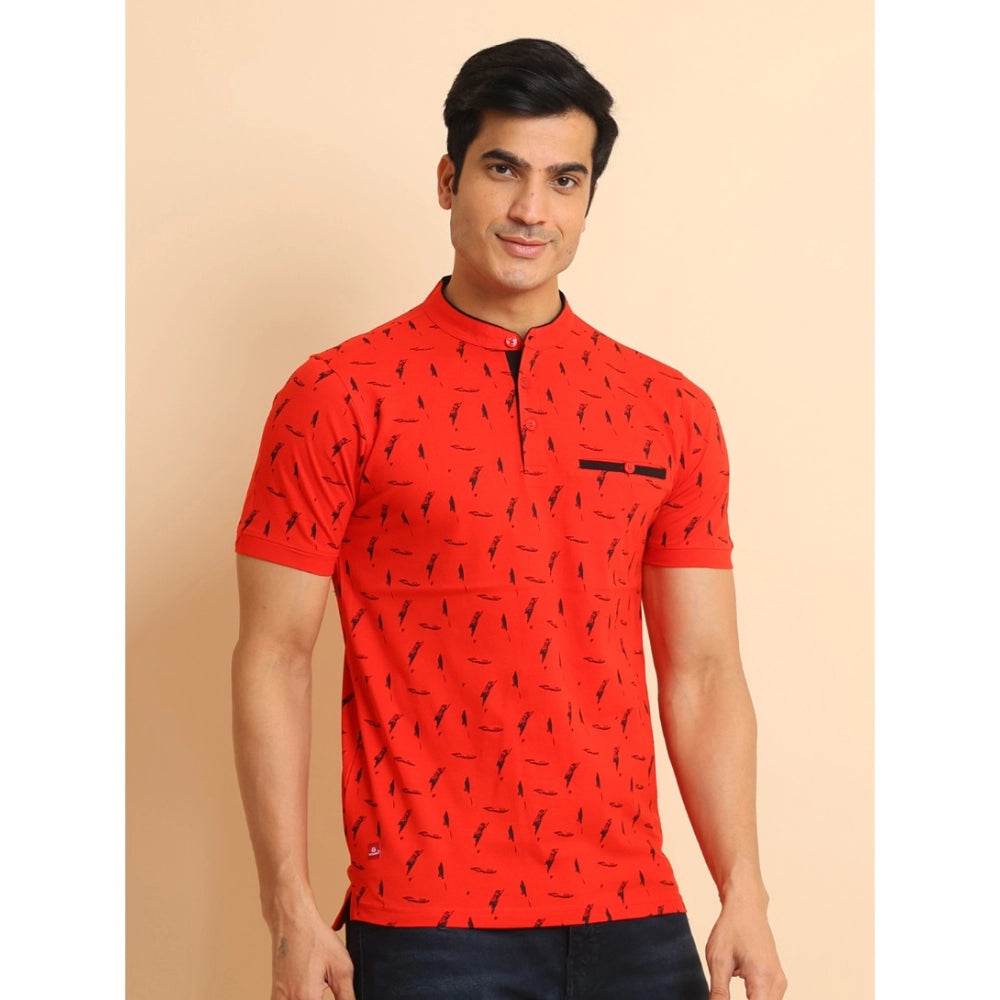 Generic Men's Casual Cotton Printed Mandarin Collar Half Sleeve T-Shirt (Red) - MYLUXURY LANE ENTERPRISE