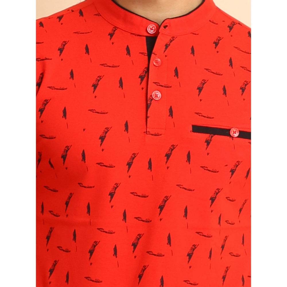 Generic Men's Casual Cotton Printed Mandarin Collar Half Sleeve T-Shirt (Red) - MYLUXURY LANE ENTERPRISE