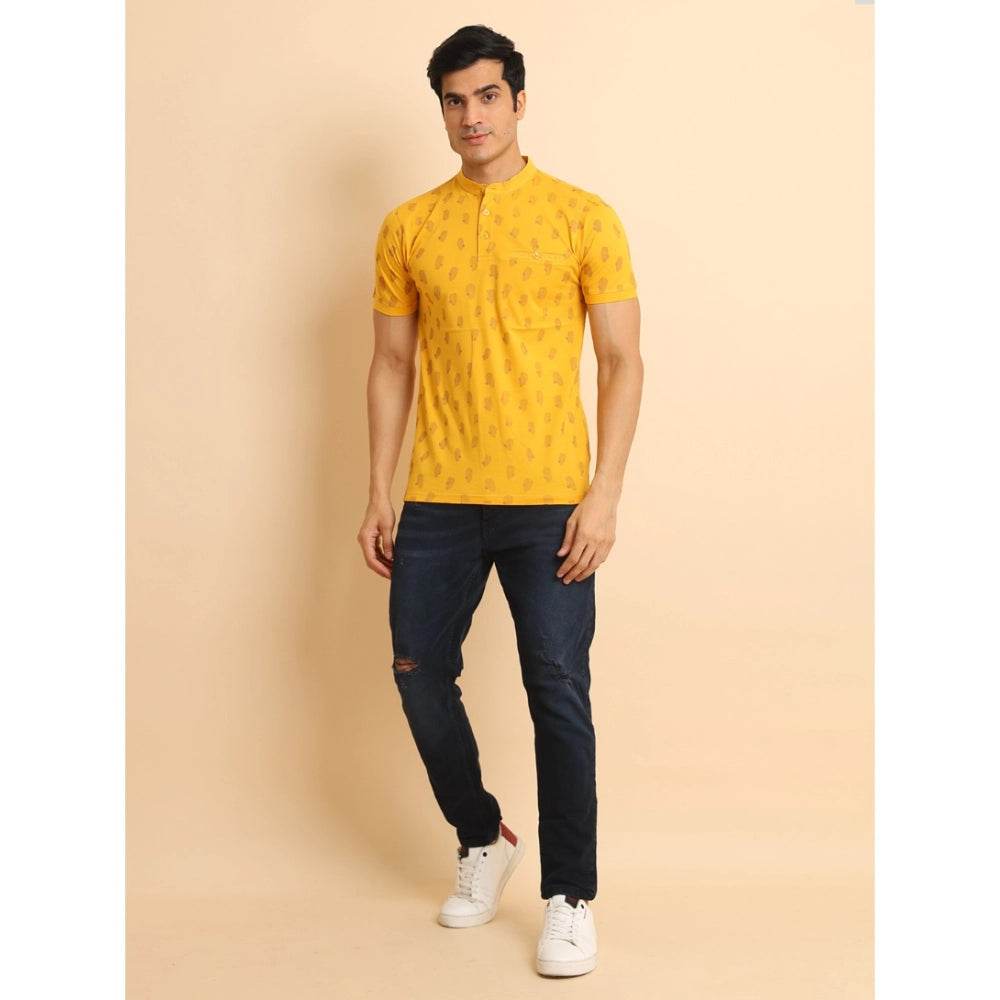 Generic Men's Casual Cotton Printed Mandarin Collar Half Sleeve T-Shirt (Mustard) - MYLUXURY LANE ENTERPRISE