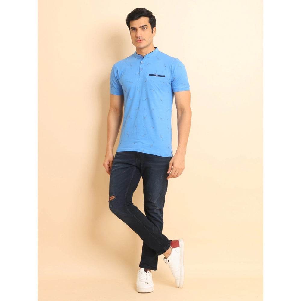 Generic Men's Casual Cotton Printed Mandarin Collar Half Sleeve T-Shirt (LightBlue) - MYLUXURY LANE ENTERPRISE