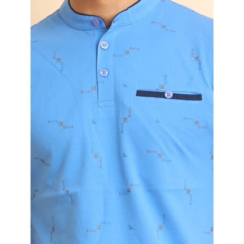 Generic Men's Casual Cotton Printed Mandarin Collar Half Sleeve T-Shirt (LightBlue) - MYLUXURY LANE ENTERPRISE