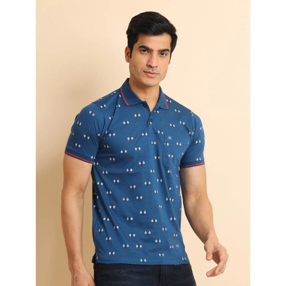 Generic Men's Casual Cotton Printed Polo Neck Half Sleeve T-Shirt (Blue) - MYLUXURY LANE ENTERPRISE