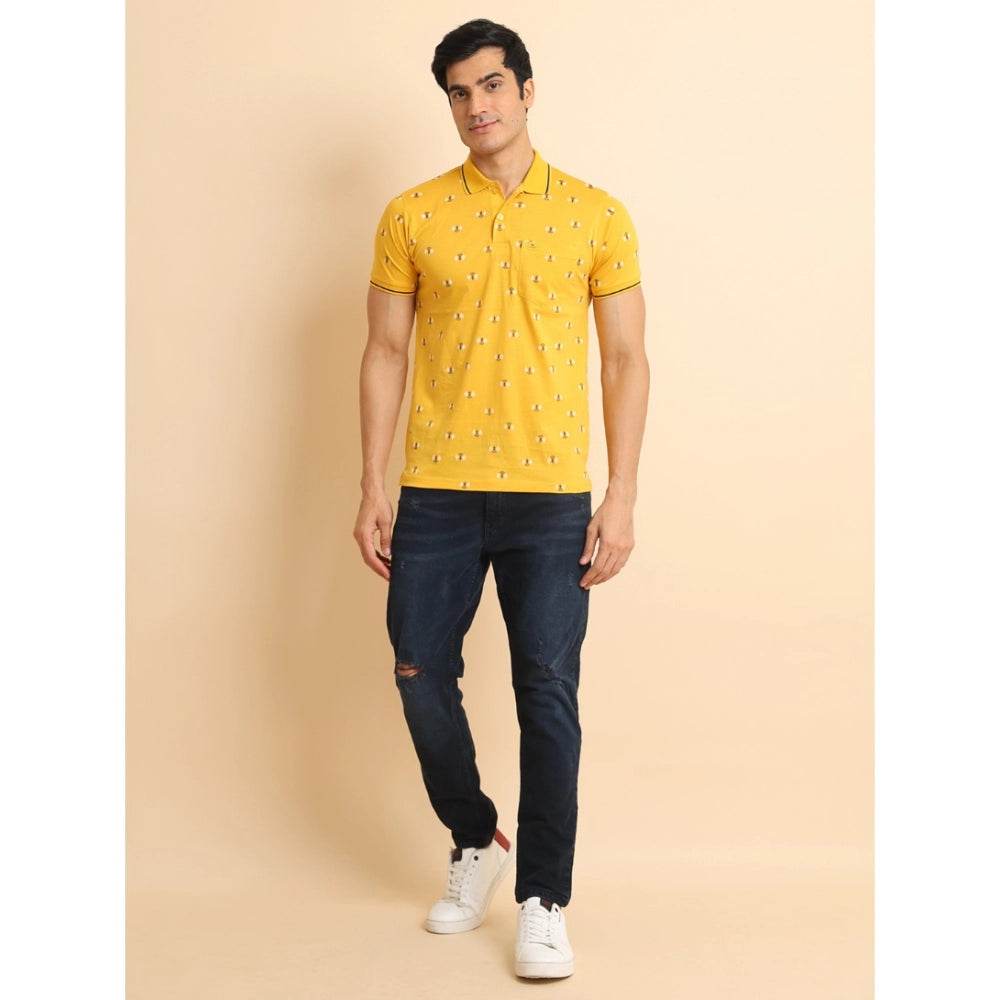 Generic Men's Casual Cotton Printed Polo Neck Half Sleeve T-Shirt (Mustard) - MYLUXURY LANE ENTERPRISE