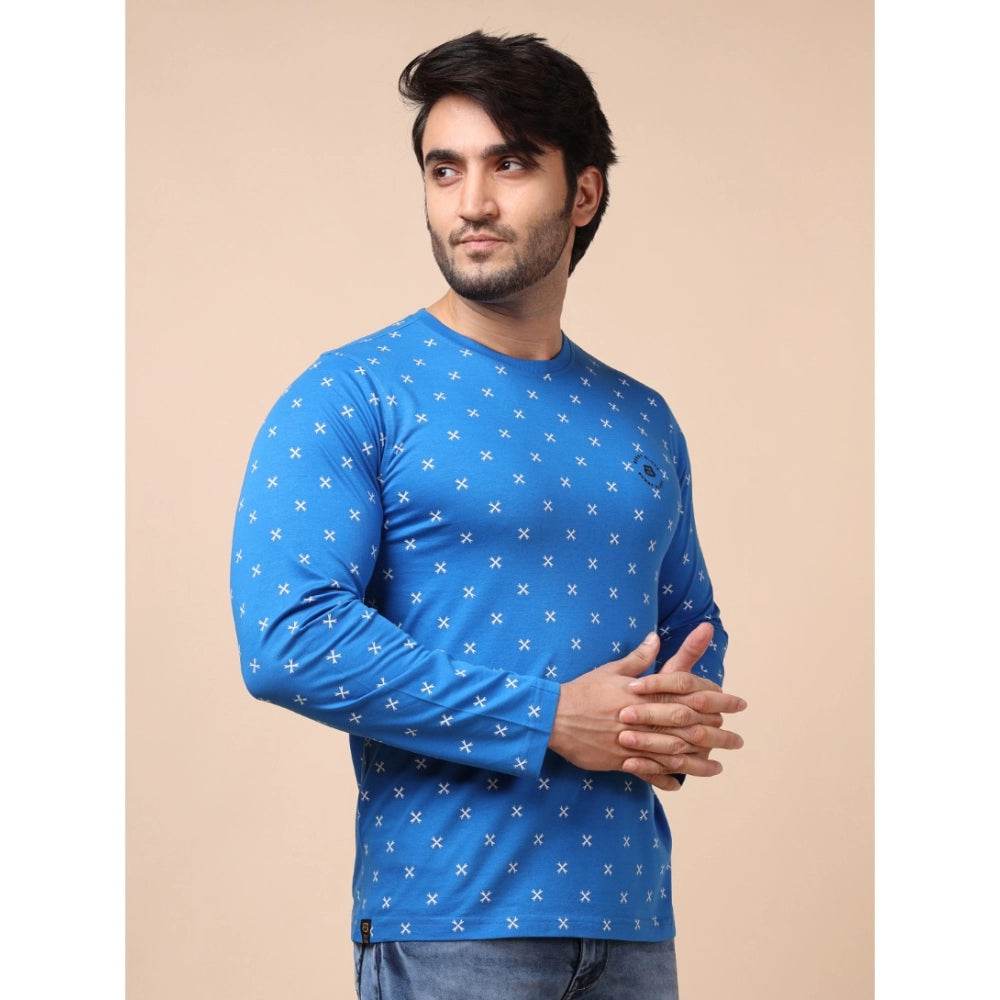 Generic Men's Casual Cotton Printed Round Neck Full Sleeve T-Shirt (Blue) - MYLUXURY LANE ENTERPRISE